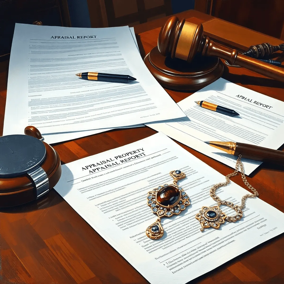 Desk with luxury property reports, jewelry, and a gavel showing Southern California estate services.