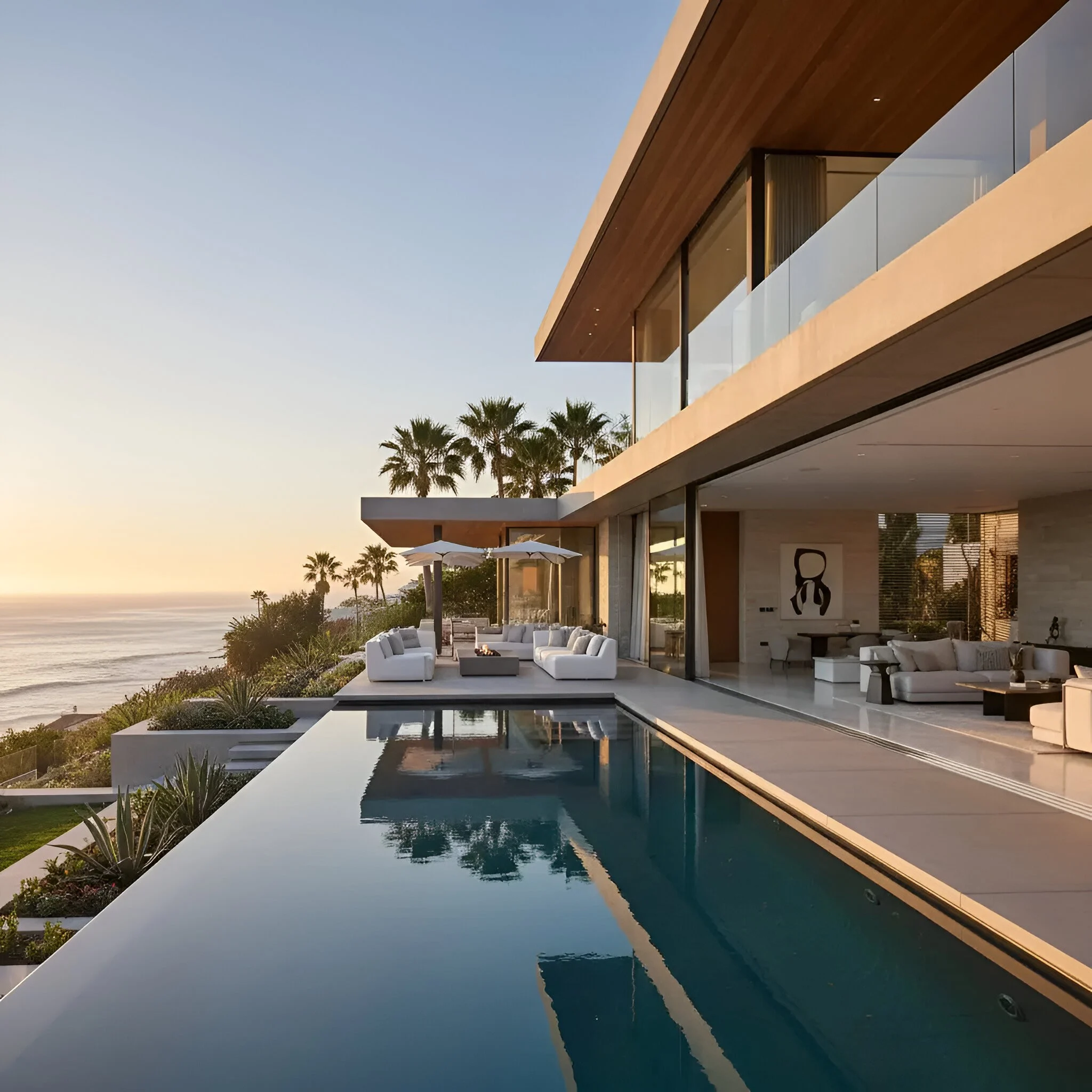 Sunlit modern oceanfront estate in Southern California with an infinity pool, outdoor lounge, and glass walls overlooking the ocean at sunset.