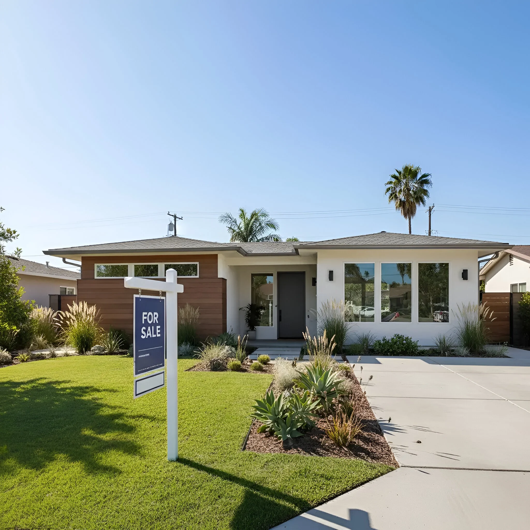 Modern single-story luxury home in Southern California with white stucco, wood siding, green lawn, and a blue “For Sale” sign.