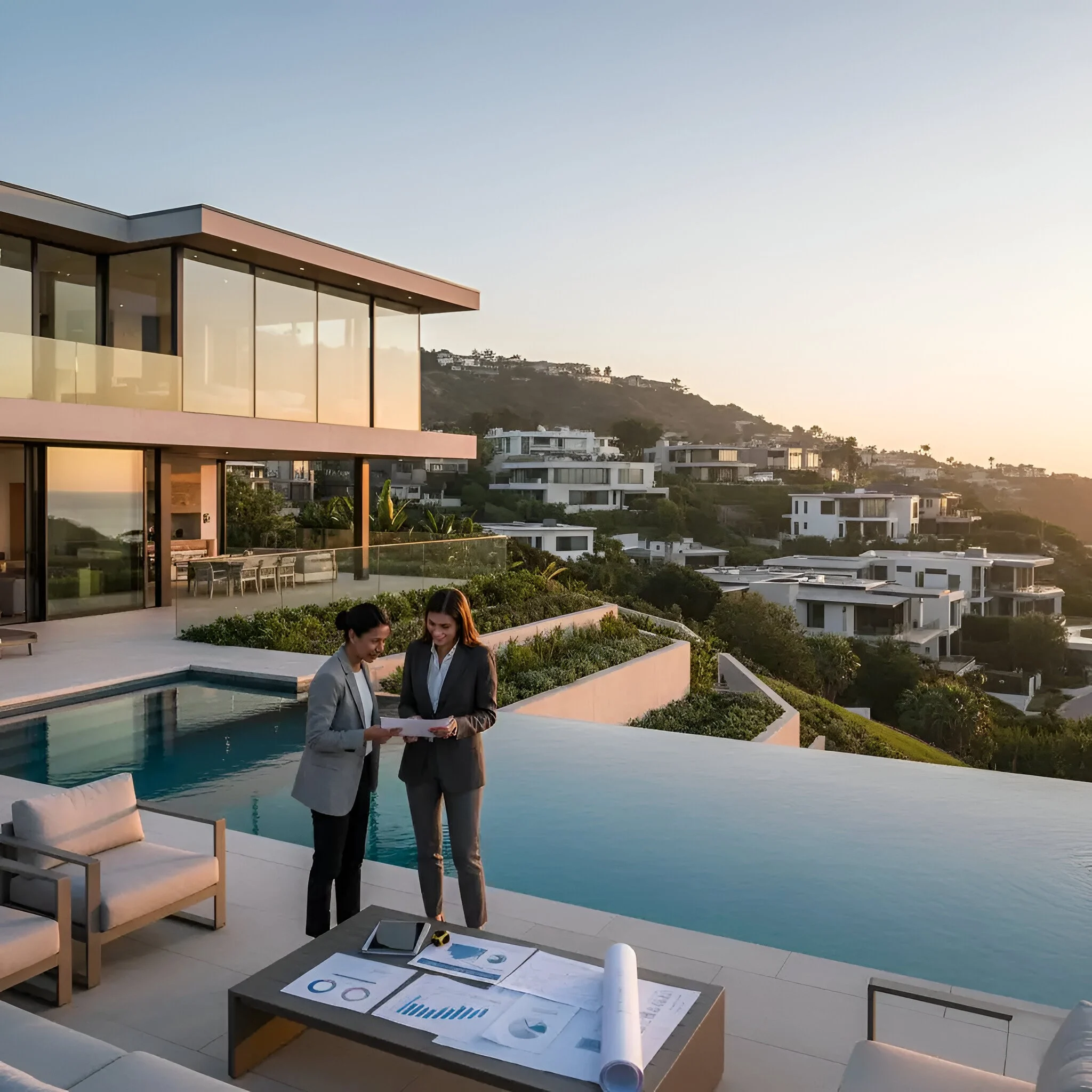Two female real estate agents looking at site plans on a terrace of a luxury Southern California estate with an infinity pool and sunset views.