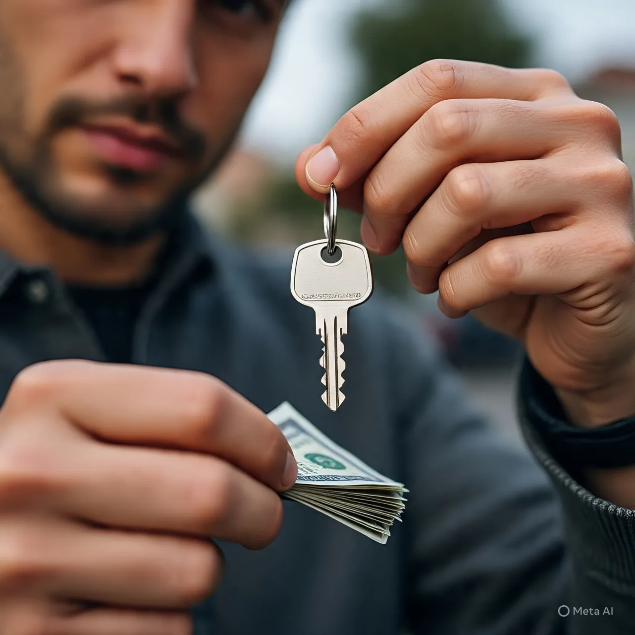 Close-up of a man holding a house key and cash, showing a home purchase or cash-for-keys transaction in Southern California.
