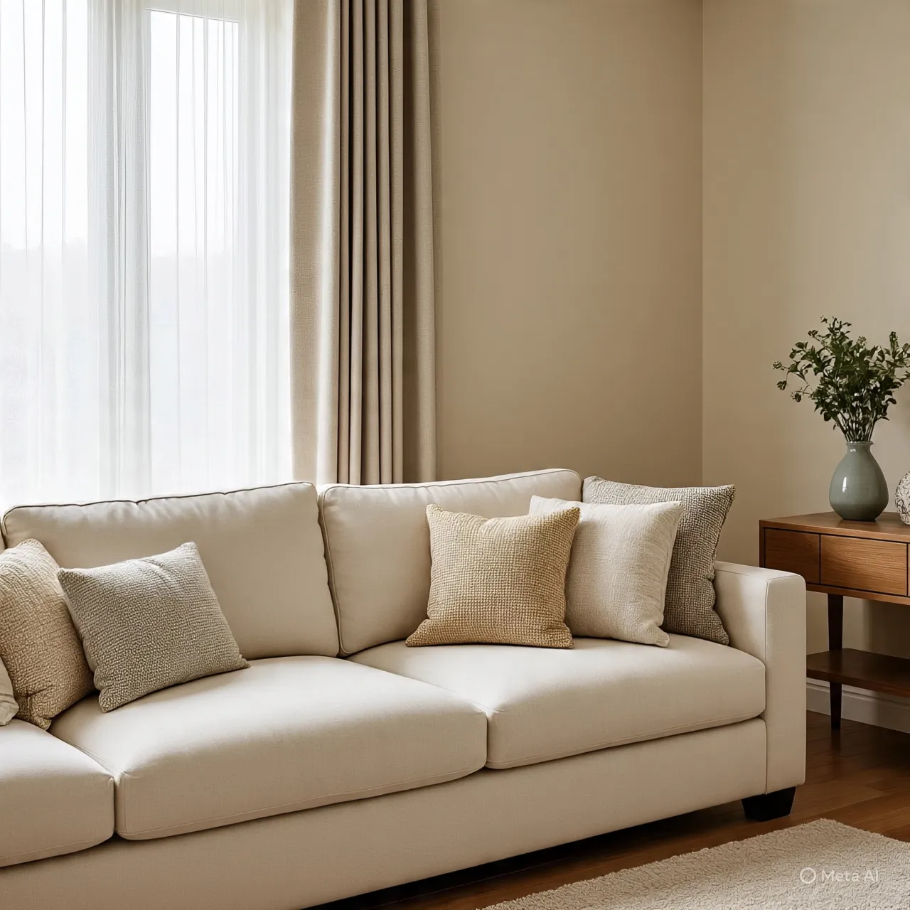 Close-up of a cream-colored sofa with neutral pillows, a wooden side table, and sheer curtains in a Southern California luxury home.