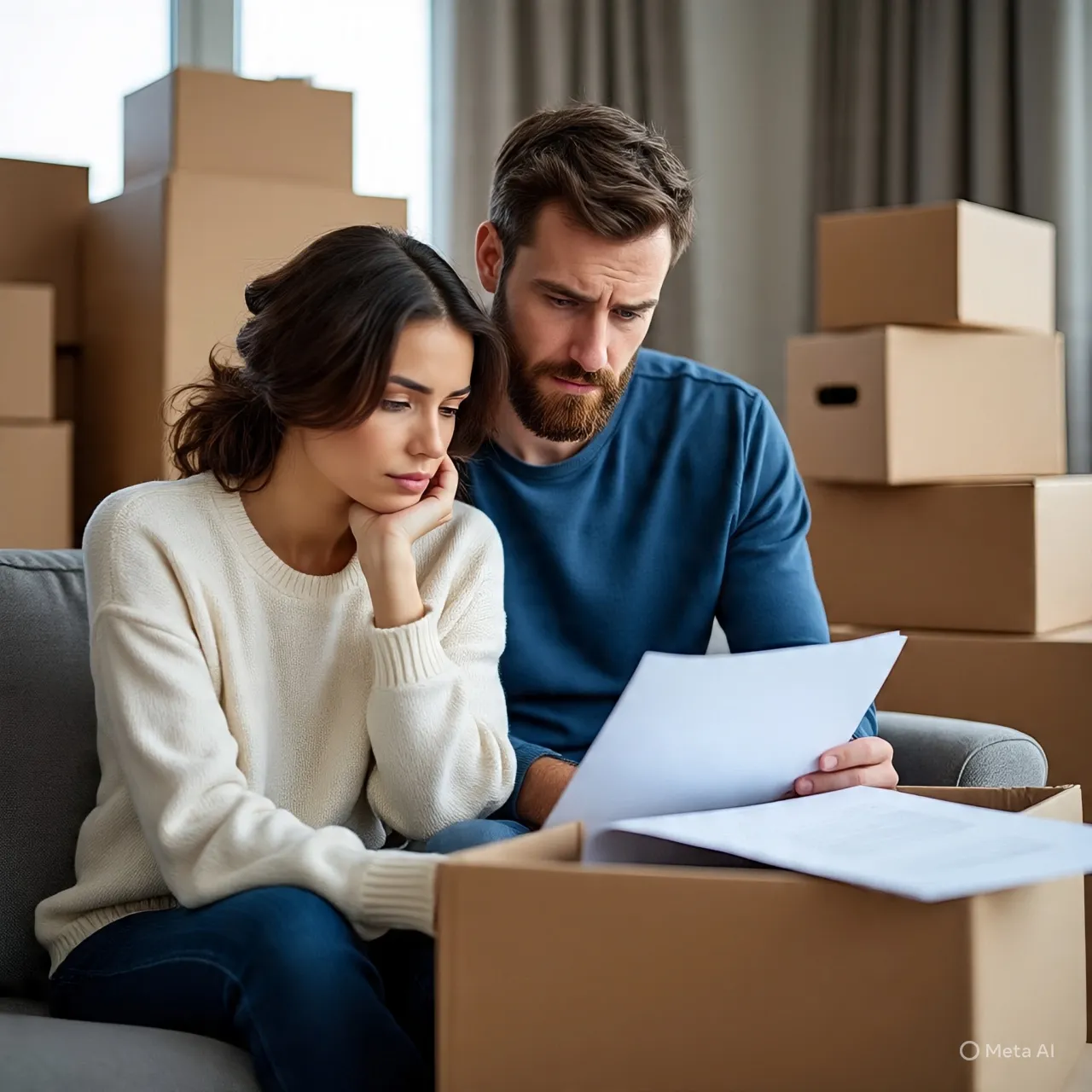 Young couple on a sofa with moving boxes, reviewing documents for their new Southern California home.