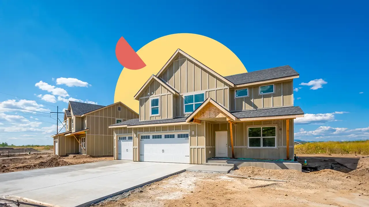 New luxury modern farmhouse in Southern California with a three-car garage, board-and-batten siding, and a wide driveway under a clear sky.