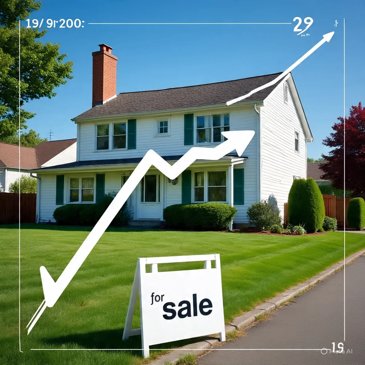 Luxury Southern California home with a “For Sale” sign and a white rising arrow showing increasing property value.