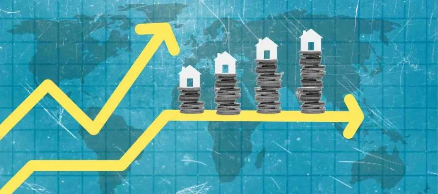 Graphic showing rising arrows and houses on stacks of coins over a map, representing Southern California real estate growth.