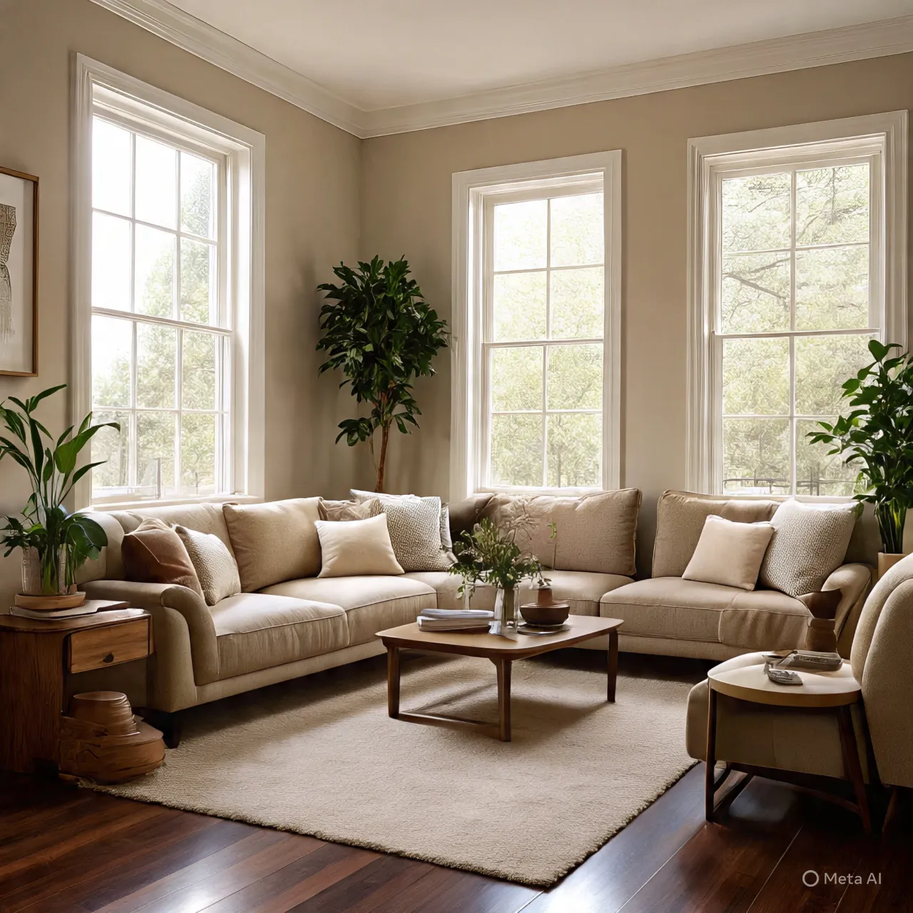 Luxury living room in Southern California with a sofa, wooden coffee table, and large windows showing green views.