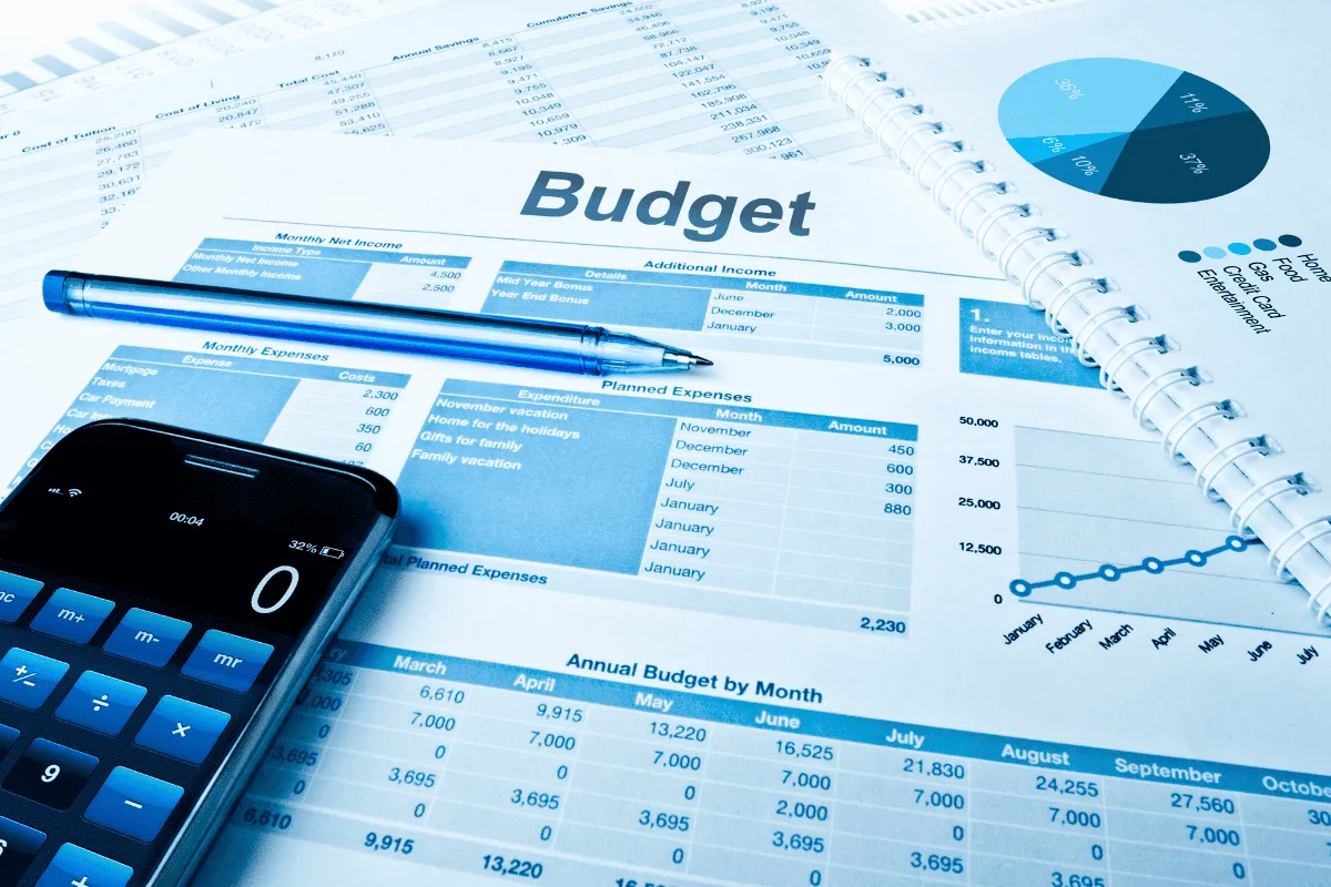A budget sheet with graphs and computations with calculator and a pencil above the papers.