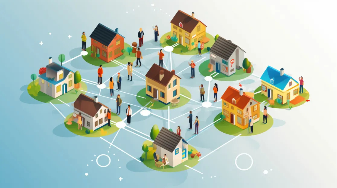 Isometric graphic of connected luxury homes and people, showing community and real estate network in Southern California.