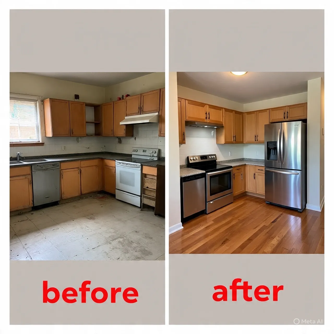 Side-by-side before-and-after of a Southern California kitchen, showing old white appliances and updated stainless steel appliances with new wood floors.