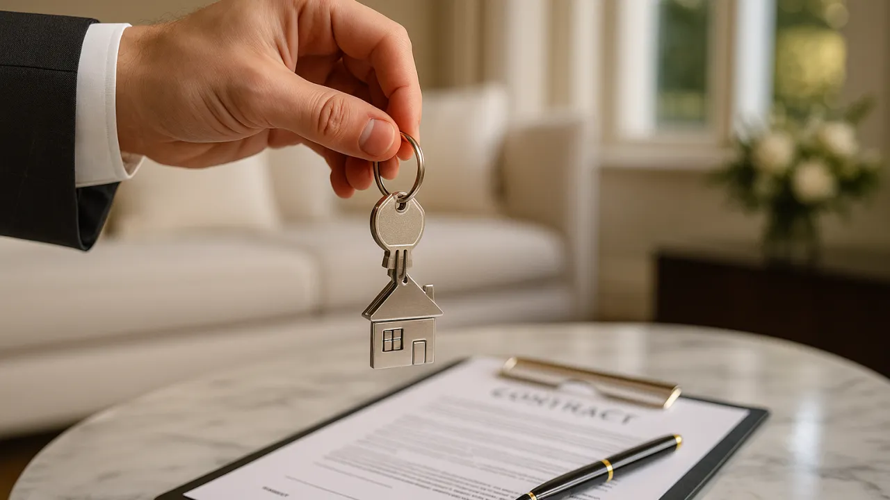 Real estate agent holding house keys over a signed contract for a luxury home in Southern California.