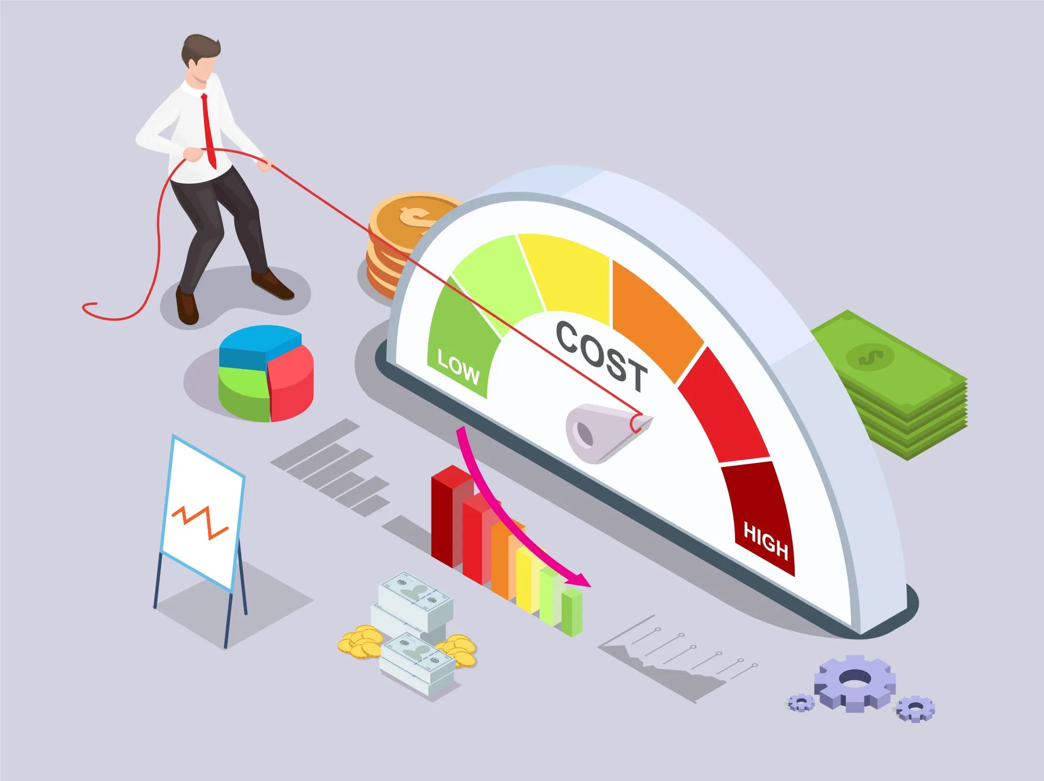 Isometric graphic of a professional lowering a “Cost” meter, with money and charts, showing mortgage savings in Southern California.