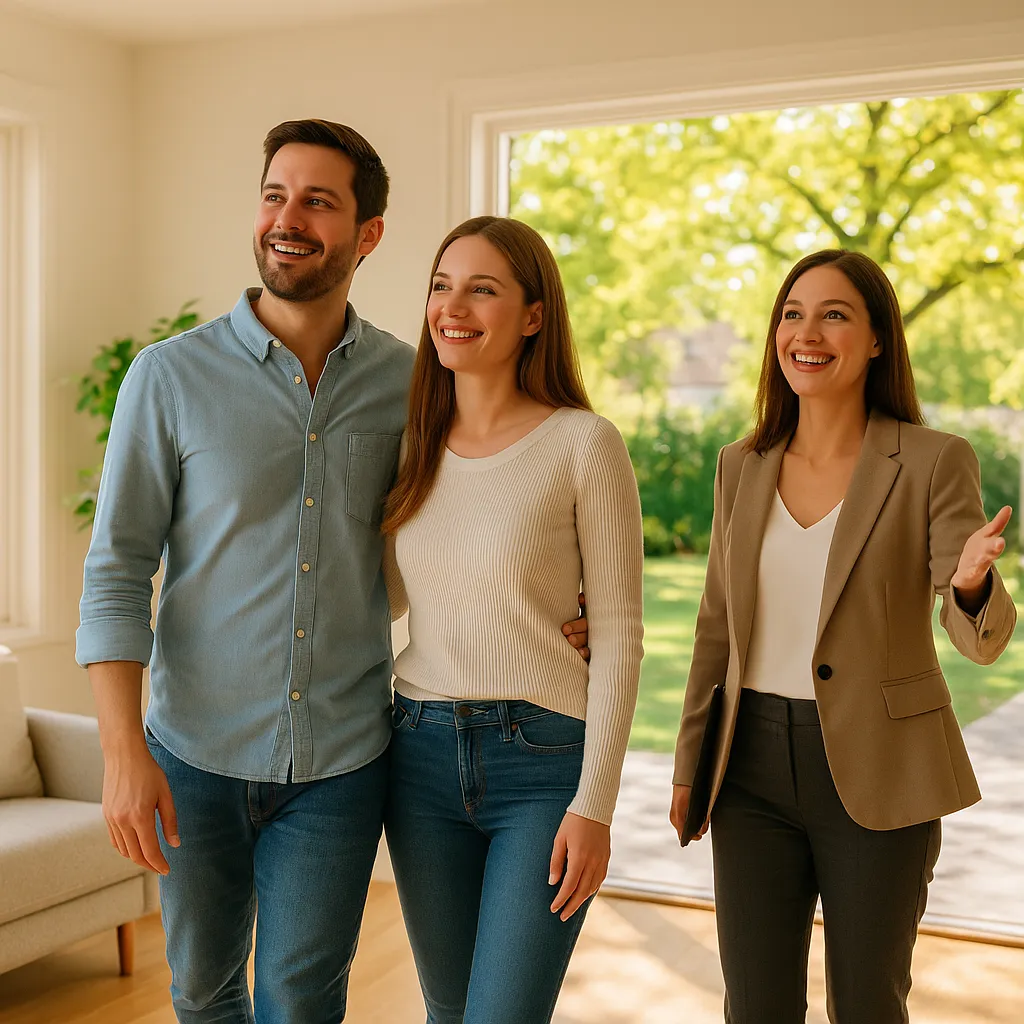 Real estate agent in a tan blazer giving a home tour to a smiling couple in a modern Southern California luxury property.