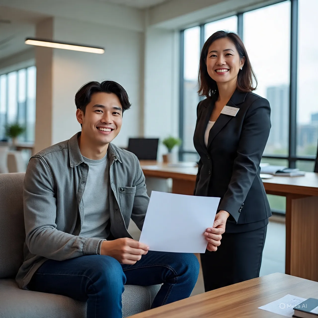 Smiling young man in a grey shirt receiving a signed real estate document from a female agent in a black suit.