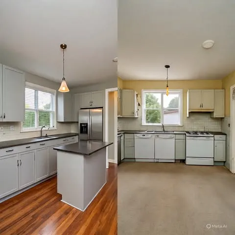 Before-and-after view of a Southern California kitchen, showing old beige cabinets and updated grey cabinets with an island, stainless steel appliances, and hardwood floors.