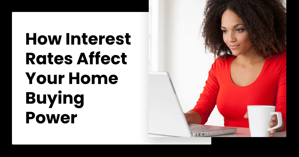 Real estate graphic showing a woman in a red shirt using a laptop to learn how interest rates affect home buying.