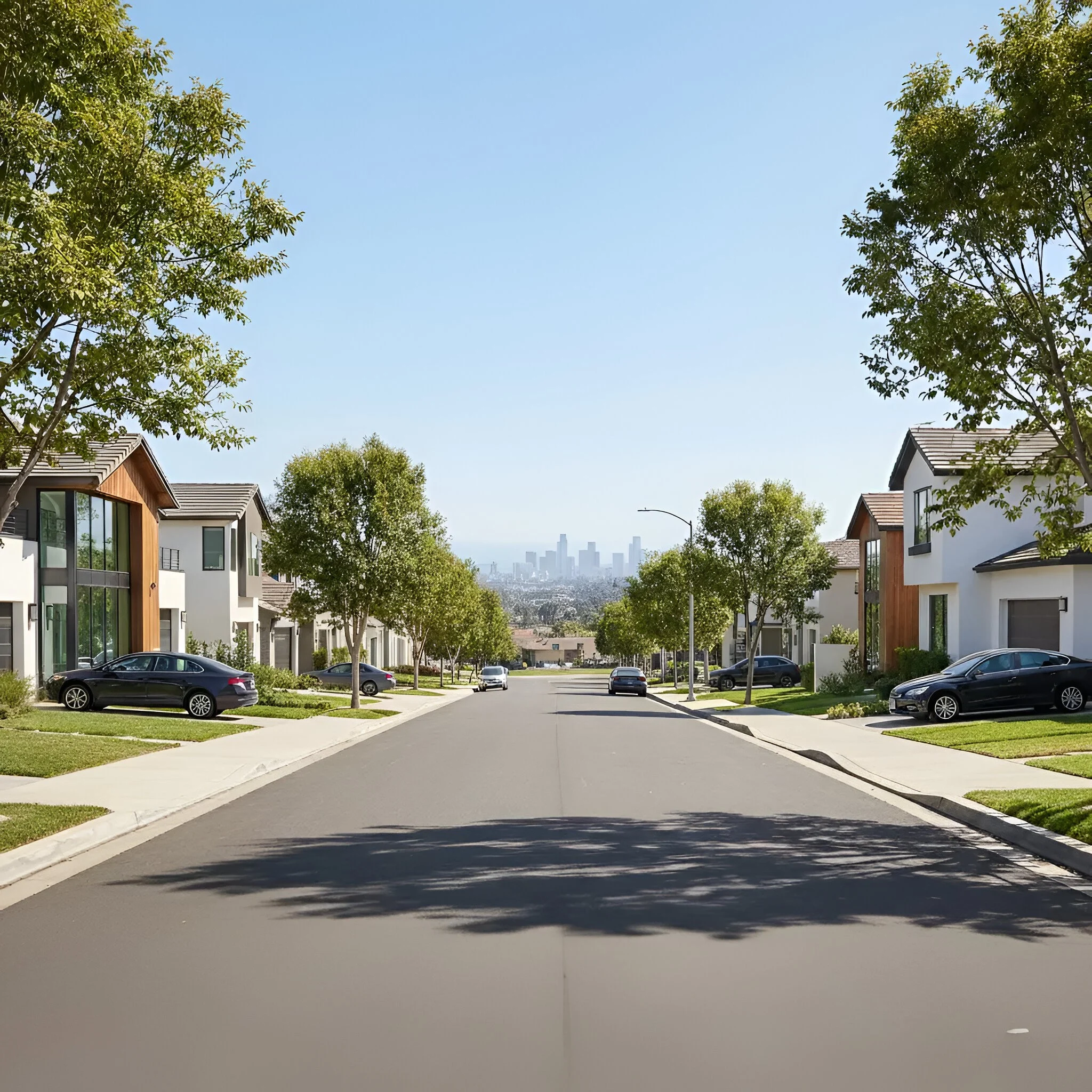 Wide view of a modern suburban street in Southern California with two-story homes, green lawns, and the Los Angeles skyline in the distance.