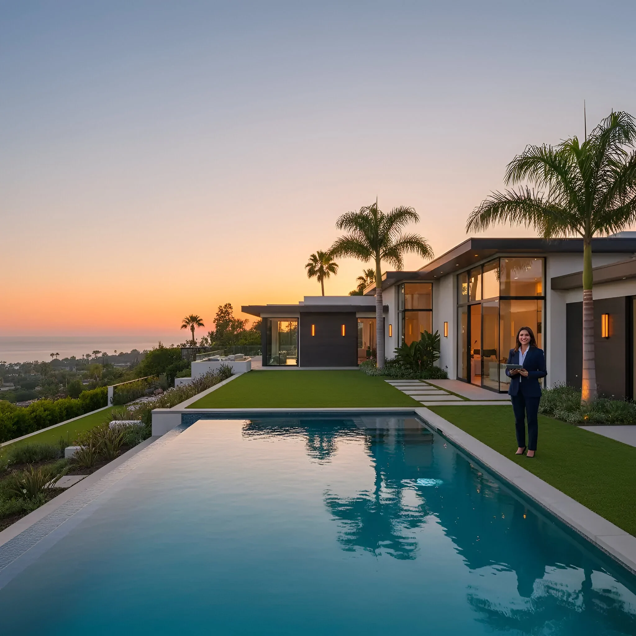 Female real estate agent in a navy suit on the lawn of a Southern California luxury villa with an infinity pool and sunset views.