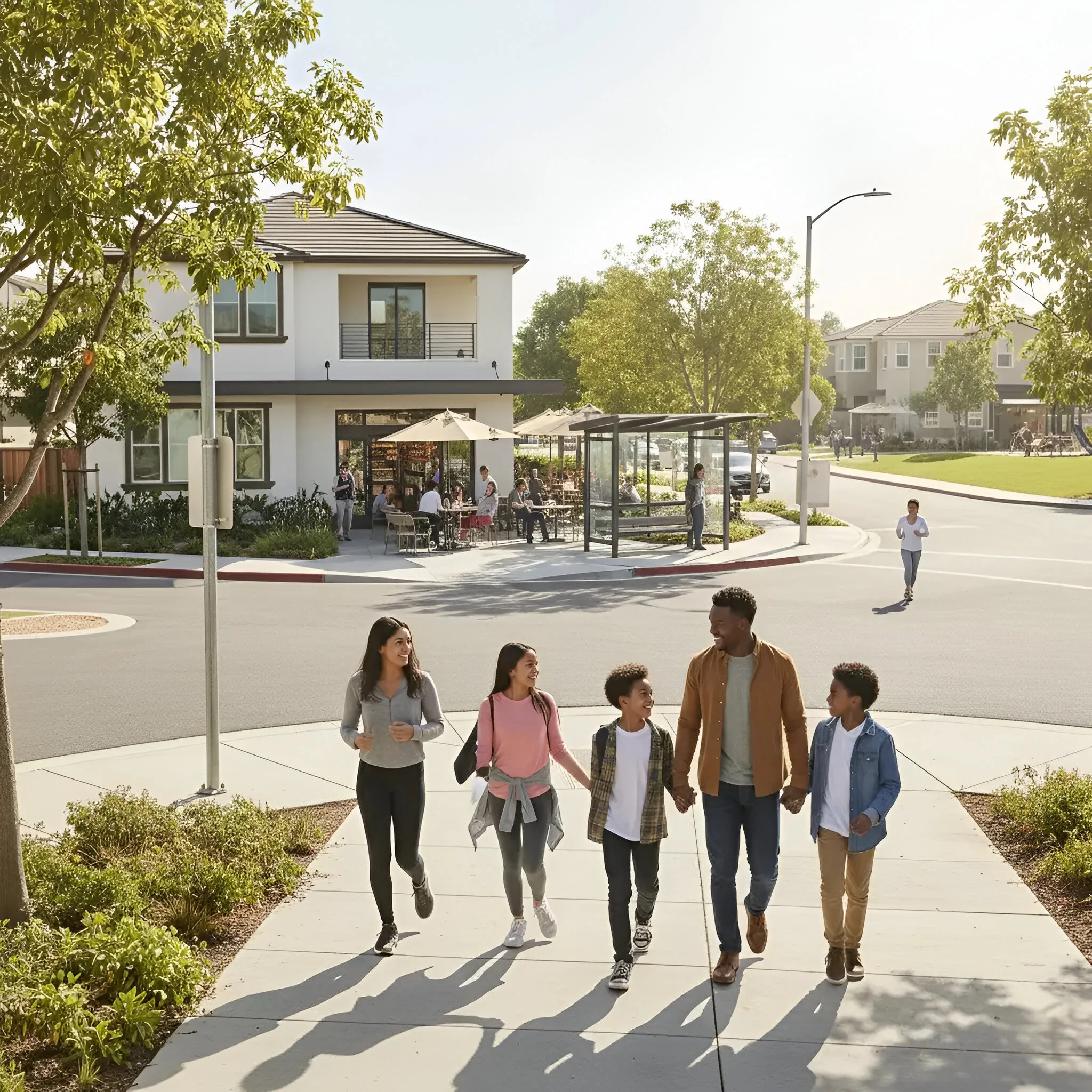 A happy family of five enjoying a sunlit walk through a modern, pedestrian Southern California luxury neighborhood, featuring walkable streets, local cafes with outdoor seating.